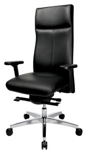 Schwarzer Chefsessel aus Leder mit verstellbaren Armlehnen und Rollen, seitliche Perspektive