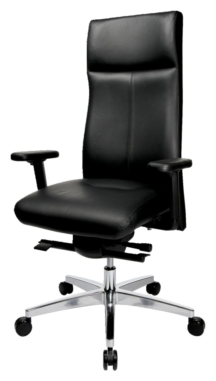 Schwarzer Chefsessel aus Leder mit verstellbaren Armlehnen und Rollen, seitliche Perspektive