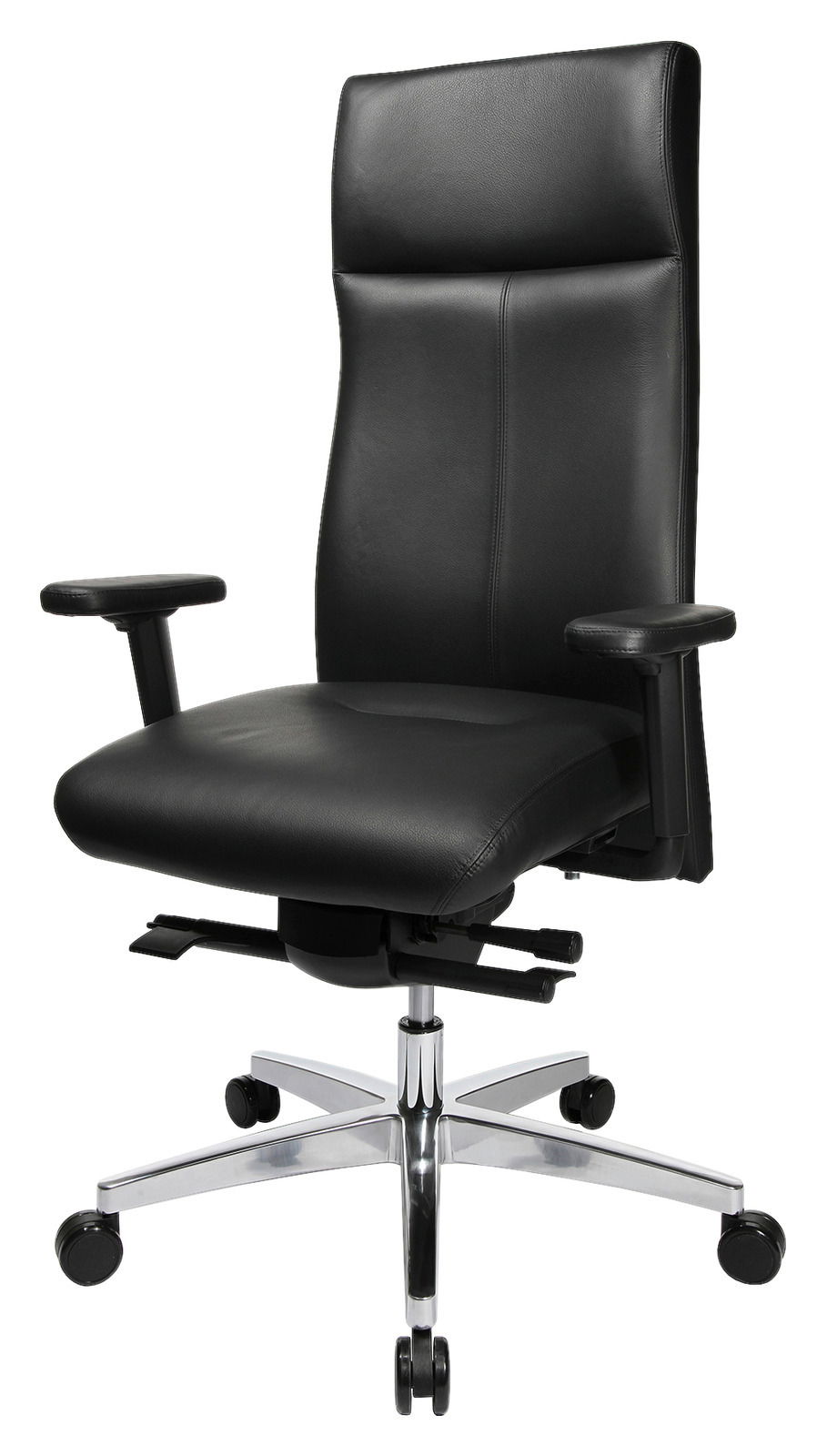 Schwarzer Chefsessel aus Leder mit verstellbaren Armlehnen und Rollen, seitliche Perspektive