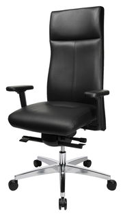 Schwarzer Chefsessel aus Leder mit verstellbaren Armlehnen und Rollen, seitliche Perspektive