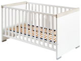 Weißes Kinderbett aus Holz mit Gitterstäben, seitliche Perspektive
