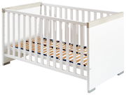 Weißes Kinderbett aus Holz mit Gitterstäben, seitliche Perspektive