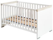 Weißes Kinderbett aus Holz mit Gitterstäben, seitliche Perspektive