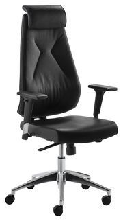 Schwarzer Chefsessel mit hoher Rückenlehne und Armlehnen, seitliche Perspektive