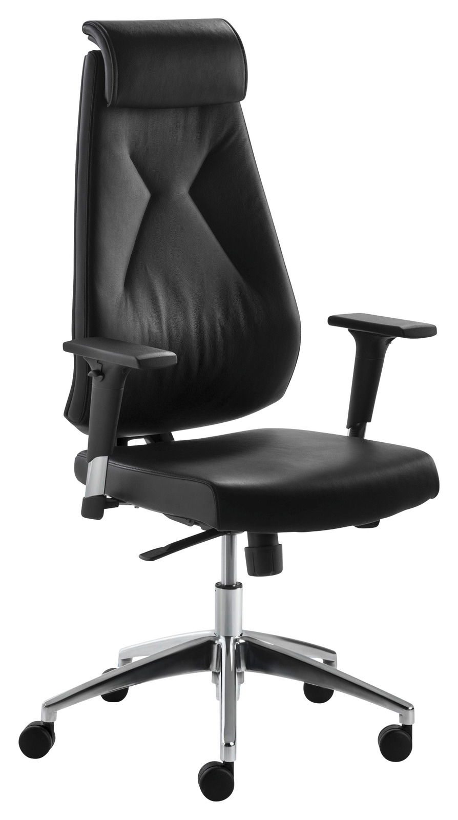 Schwarzer Chefsessel mit hoher Rückenlehne und Armlehnen, seitliche Perspektive
