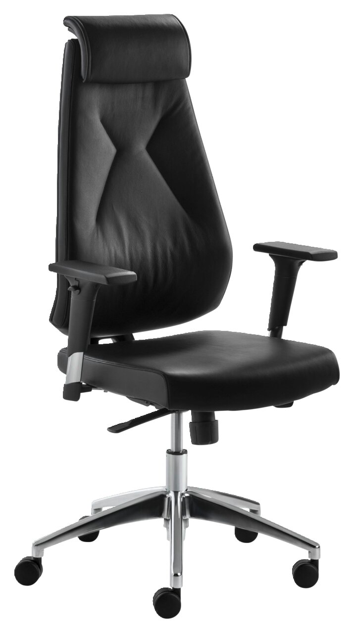 Schwarzer Chefsessel mit hoher Rückenlehne und Armlehnen, seitliche Perspektive