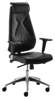 Schwarzer Chefsessel mit hoher Rückenlehne und Armlehnen, seitliche Perspektive