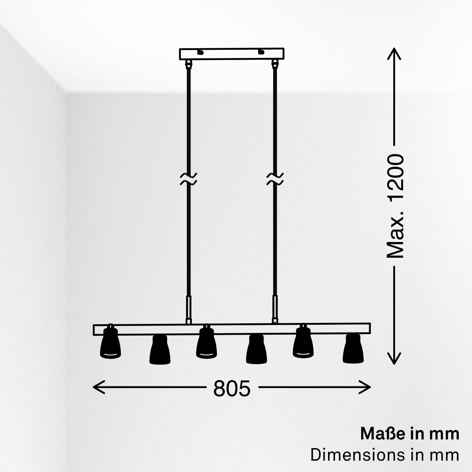 Technische Frontansicht einer länglichen Deckenpendelleuchte mit sechs Spot-Schirmen, Breite 805 mm und maximale Abhängung 1200 mm (Maße in mm)