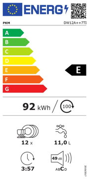 Energieeffizienzlabel für Geschirrspüler mit Energieklasse E, 92 kWh Energieverbrauch pro 100 Zyklen, 12 Maßgedecke, 11,0 Liter Wasserverbrauch, 3 Stunden 57 Minuten Laufzeit, 49 dB Lautstärke. Frontalansicht.