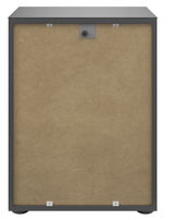 Rückansicht einer Nachtkommode mit grauem Rahmen und Rückwand aus Holzfaserplatte.