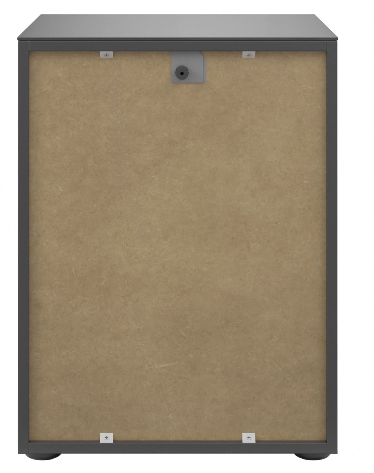 Rückansicht einer Nachtkommode mit grauem Rahmen und Rückwand aus Holzfaserplatte.