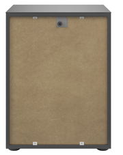 Rückansicht einer Nachtkommode mit grauem Rahmen und Rückwand aus Holzfaserplatte.