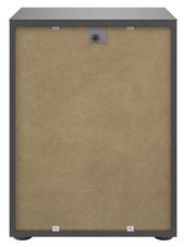 Rückansicht einer Nachtkommode mit grauem Rahmen und Rückwand aus Holzfaserplatte.