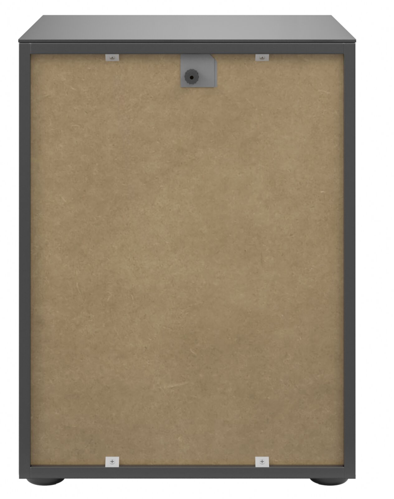 Rückansicht einer Nachtkommode mit grauem Rahmen und Rückwand aus Holzfaserplatte.