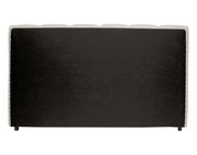 Rückansicht eines Polsterbettgestells mit schwarzem Stoffbezug und abgerundeten Kanten.