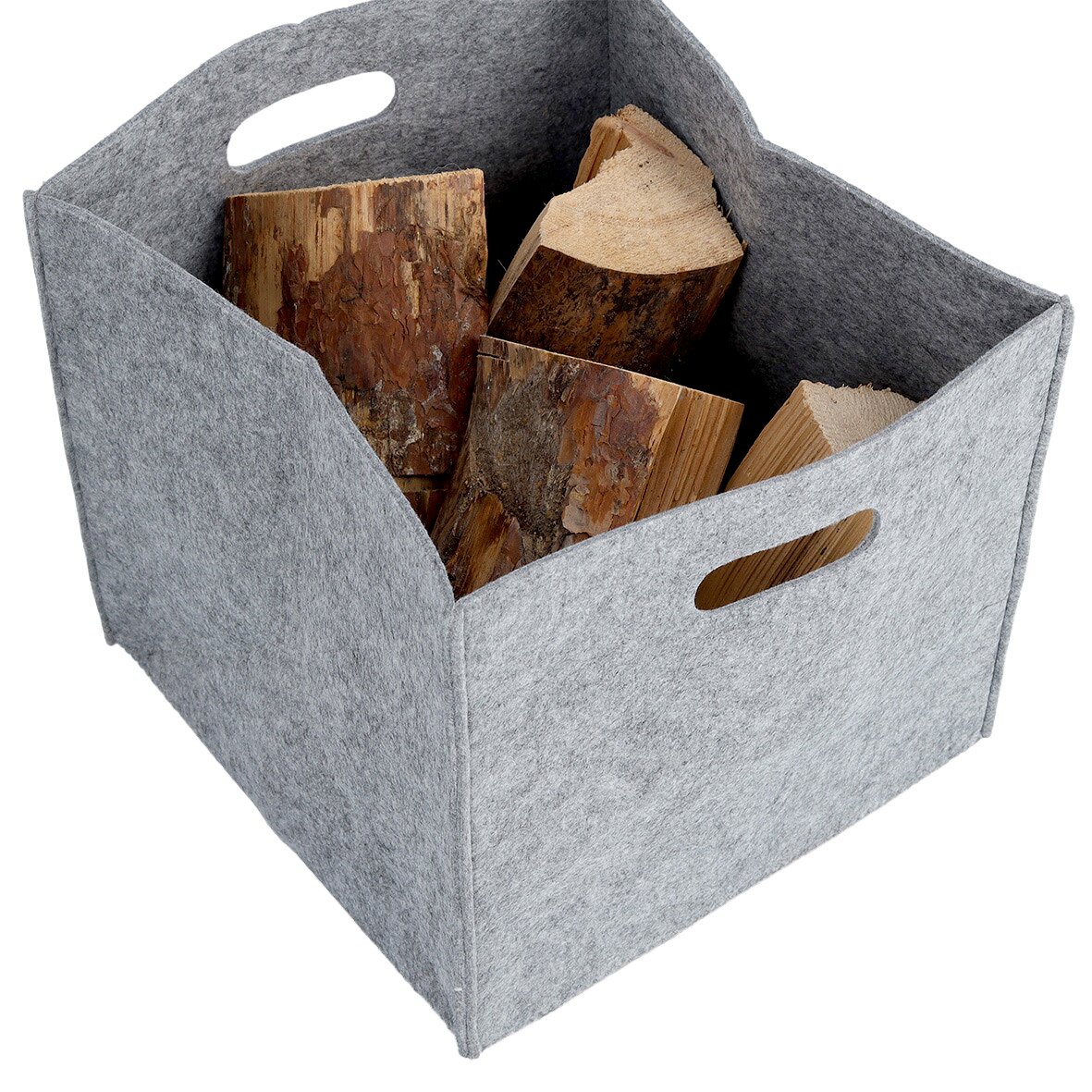 Grauer Filz-Aufbewahrungskorb mit Holzscheiten, seitliche Perspektive