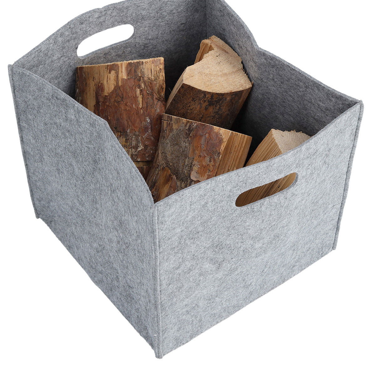 Grauer Filz-Aufbewahrungskorb mit Holzscheiten, seitliche Perspektive