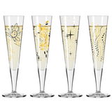 Vier elegante Champagnergläser mit goldenen und schwarzen Verzierungen, frontal abgebildet.