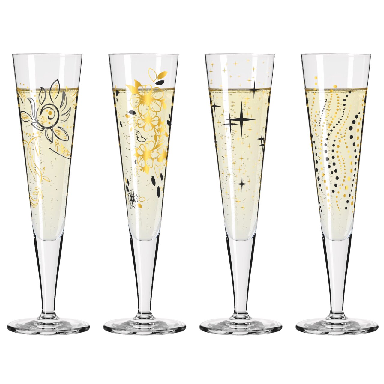 Vier elegante Champagnergläser mit goldenen und schwarzen Verzierungen, frontal abgebildet.