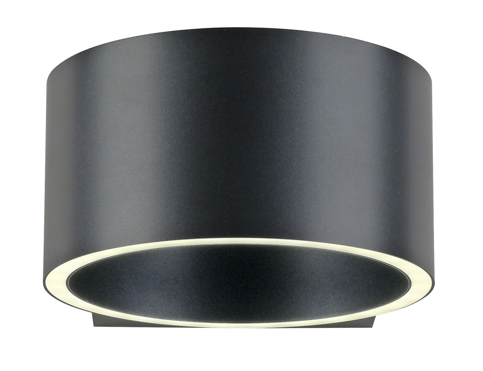 Moderne, zylindrische Wandleuchte in Schwarz mit seitlicher Perspektive, die ein sanftes, diffuses Licht ausstrahlt.