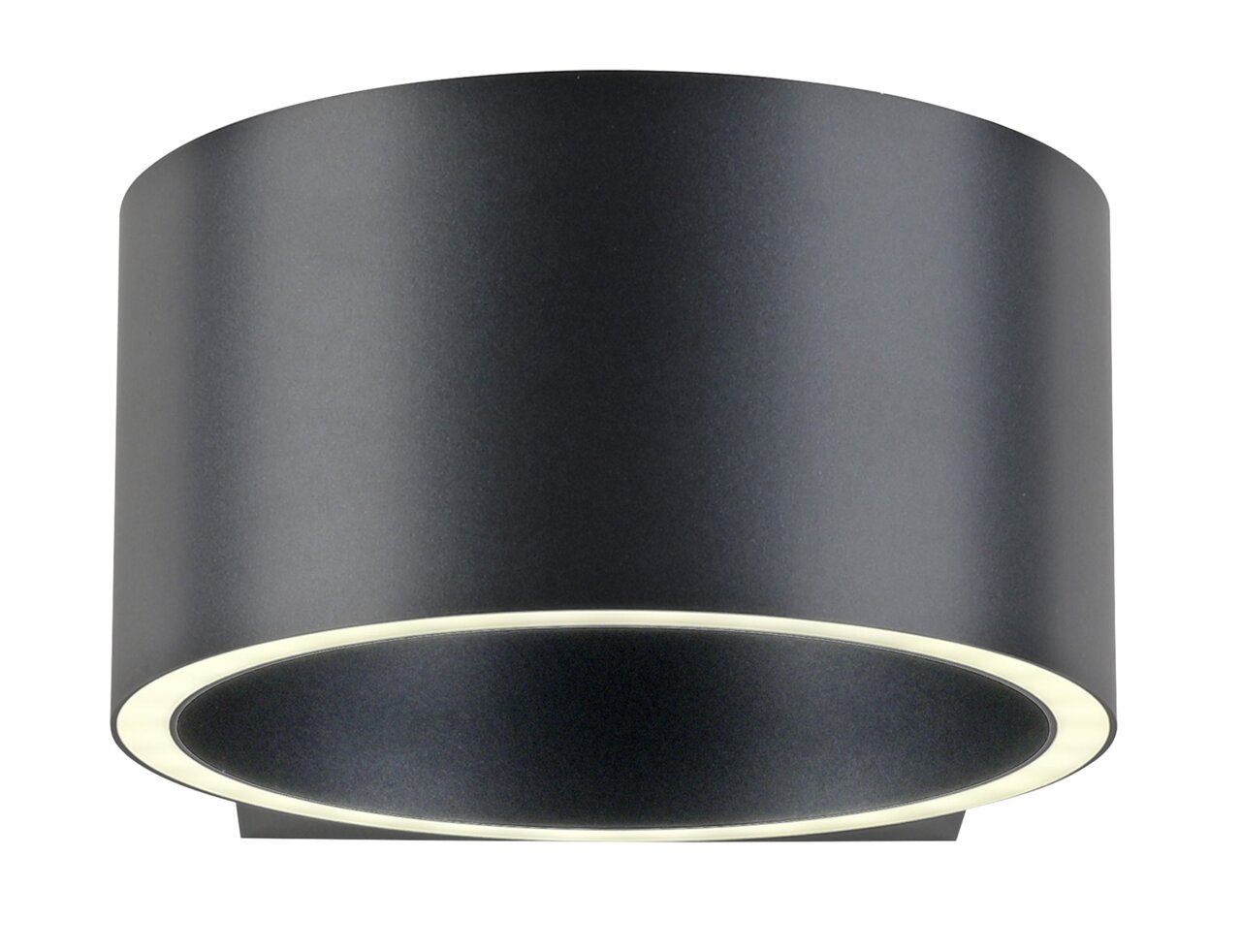 Moderne, cilindervormige wandlamp in zwart, gezien vanaf de zijkant, die een zacht, diffuus licht verspreidt.
