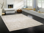 Designer Teppich in einem modernen Wohnzimmer mit Kamin, aus der Perspektive von oben links fotografiert.