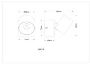 Technische Maßzeichnung eines kompakten LED-Aufbaustrahlers/Spotlights mit schwenkbarem Kopf; Vorder- und Seitenansicht mit Abmessungen (Ø 72 mm, Breite 72 mm, Tiefe 45 mm, Ausladung 130 mm, Höhe 95 mm), Perspektive: Frontansicht und Seitenansicht.
