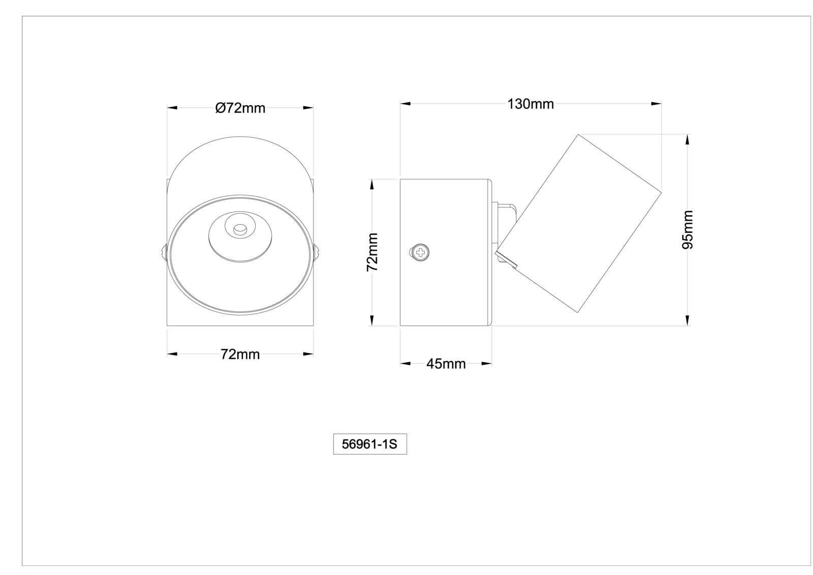 Technische Maßzeichnung eines kompakten LED-Aufbaustrahlers/Spotlights mit schwenkbarem Kopf; Vorder- und Seitenansicht mit Abmessungen (Ø 72 mm, Breite 72 mm, Tiefe 45 mm, Ausladung 130 mm, Höhe 95 mm), Perspektive: Frontansicht und Seitenansicht.