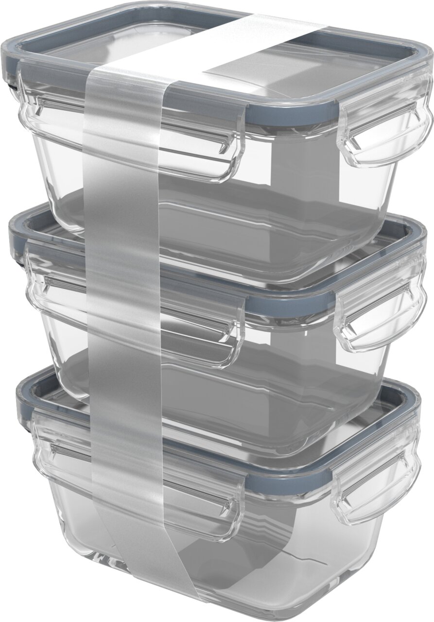 rotho Kühlschrankdose 3-tlg. 0,5l CLIC & LOCK Drei gestapelte Kühlschrankdosen aus Glas mit blauen Deckeln, seitliche Perspektive