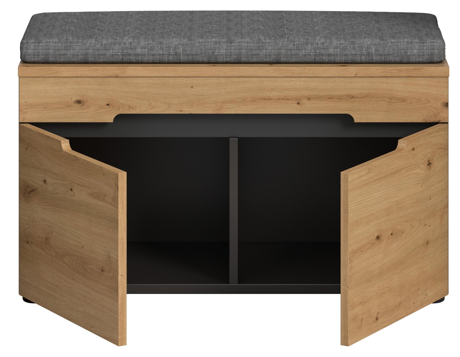 Holz-Sitzbank mit grauem Sitzkissen und Stauraum, beide Türen geöffnet, Frontansicht leicht von oben