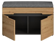 Holz-Sitzbank mit grauem Sitzkissen und Stauraum, beide Türen geöffnet, Frontansicht leicht von oben