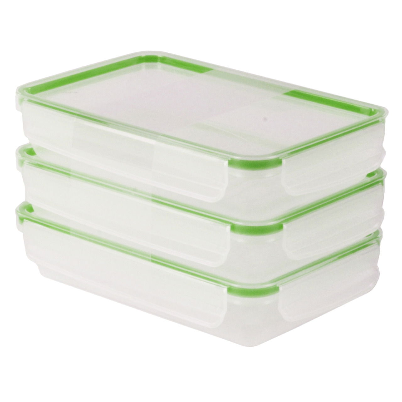 Drei gestapelte Kühlschrankdosen mit grünem Rand, seitliche Perspektive