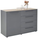 Graue Kommode mit vier Schubladen und einer Tür, dekoriert mit einer Vase und einem 'HOME'-Schriftzug, seitliche Perspektive