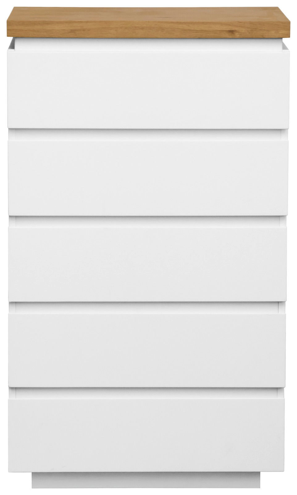 Weiße Schubkastenkommode mit fünf Schubladen und einer Holzplatte, Frontalansicht