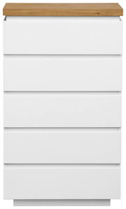 Weiße Schubkastenkommode mit fünf Schubladen und einer Holzplatte, Frontalansicht