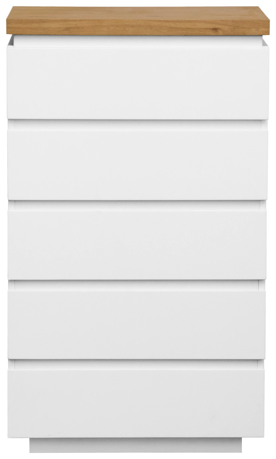 Weiße Schubkastenkommode mit fünf Schubladen und einer Holzplatte, Frontalansicht
