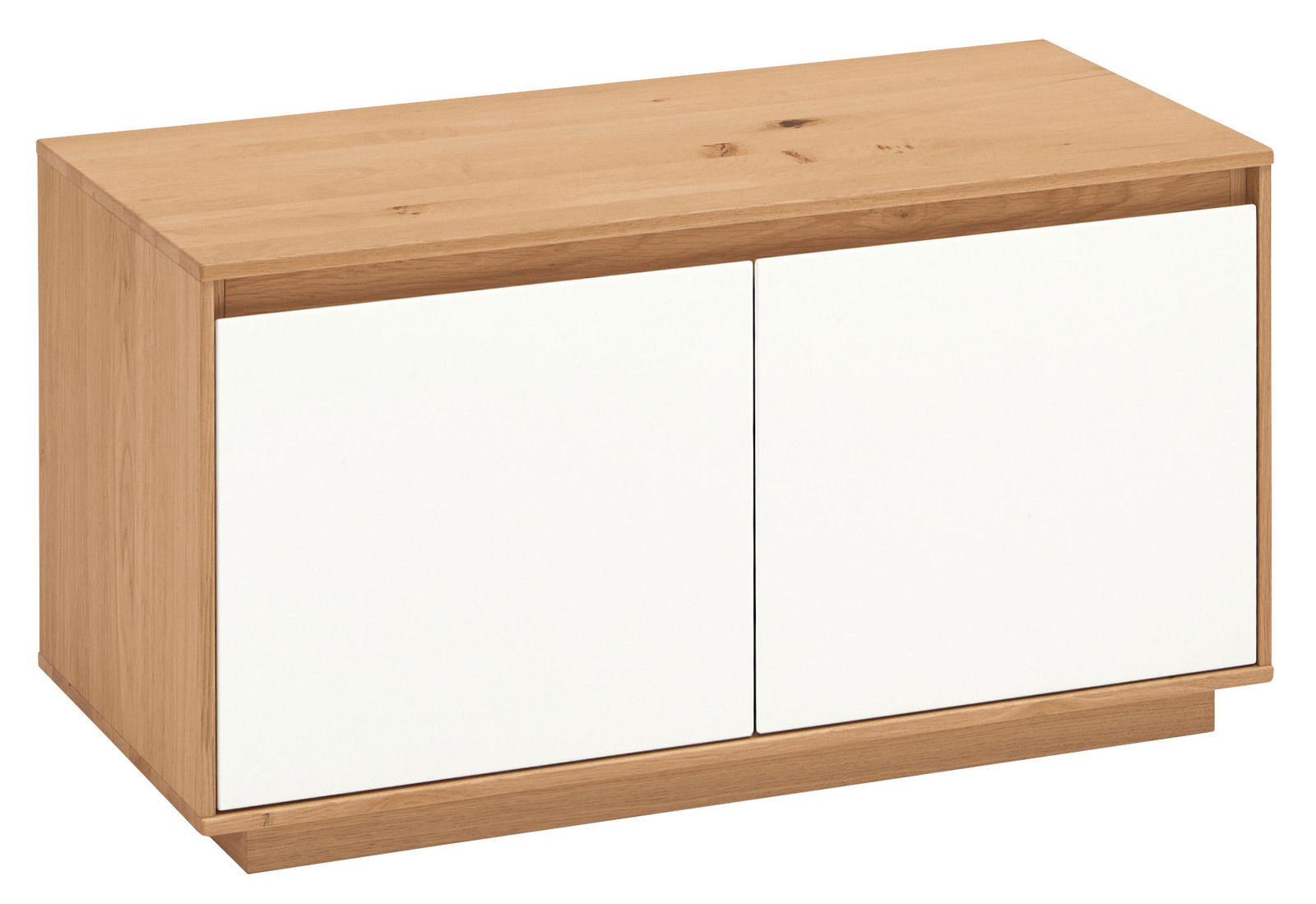 Garderobenbank aus Holz mit zwei weißen Türen, seitliche Perspektive