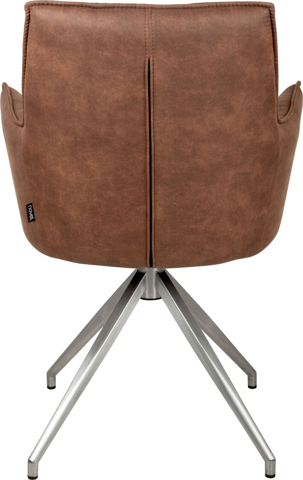 Rückansicht eines braunen, gepolsterten Drehstuhls mit Armlehnen in Lederoptik und silbernem Metall-Fußkreuz vor weißem Hintergrund