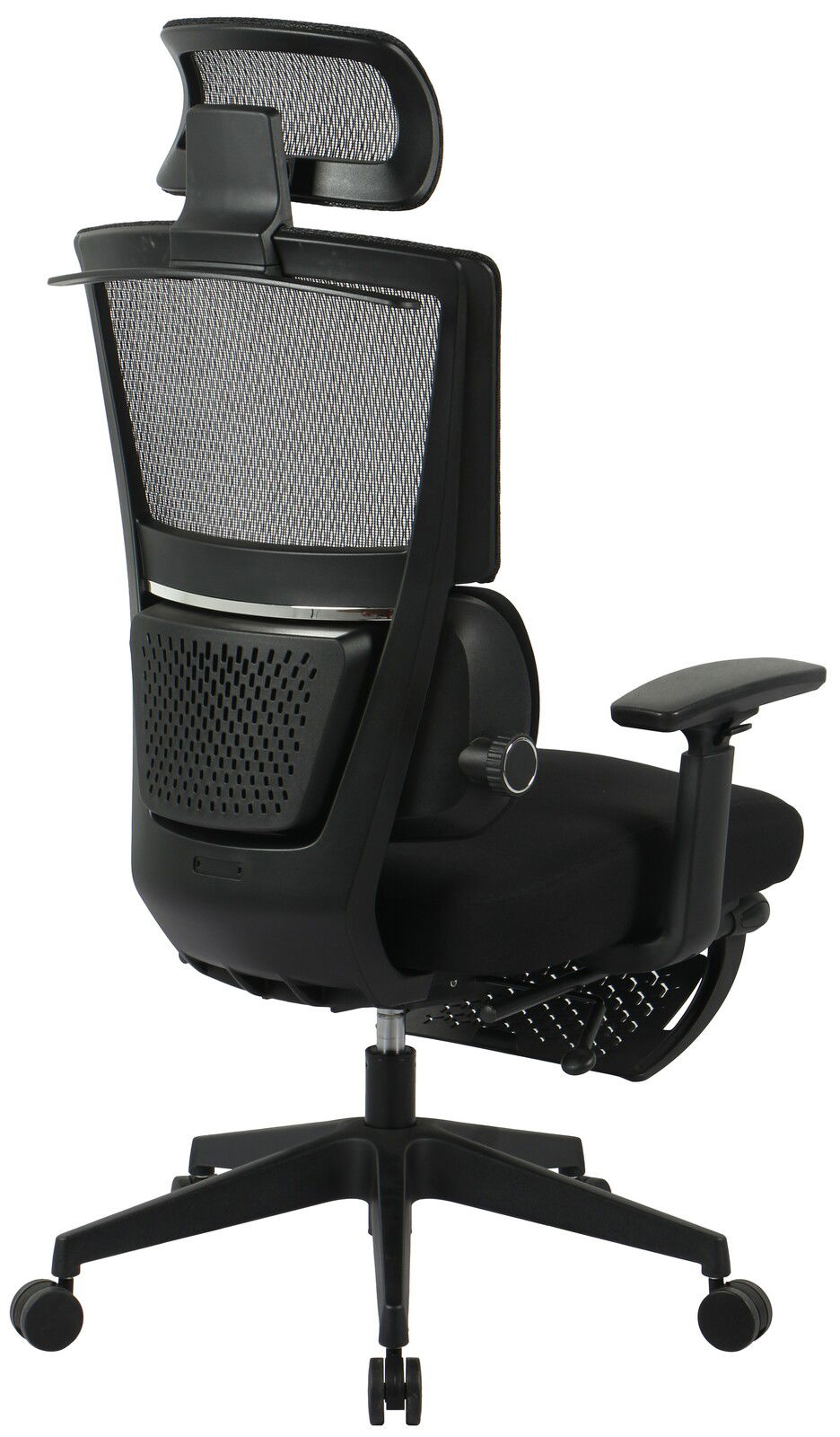 Rückansicht eines ergonomischen Chefsessels mit Netzrückenlehne und verstellbarer Kopfstütze