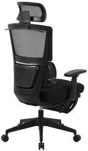 Rückansicht eines ergonomischen Chefsessels mit Netzrückenlehne und verstellbarer Kopfstütze