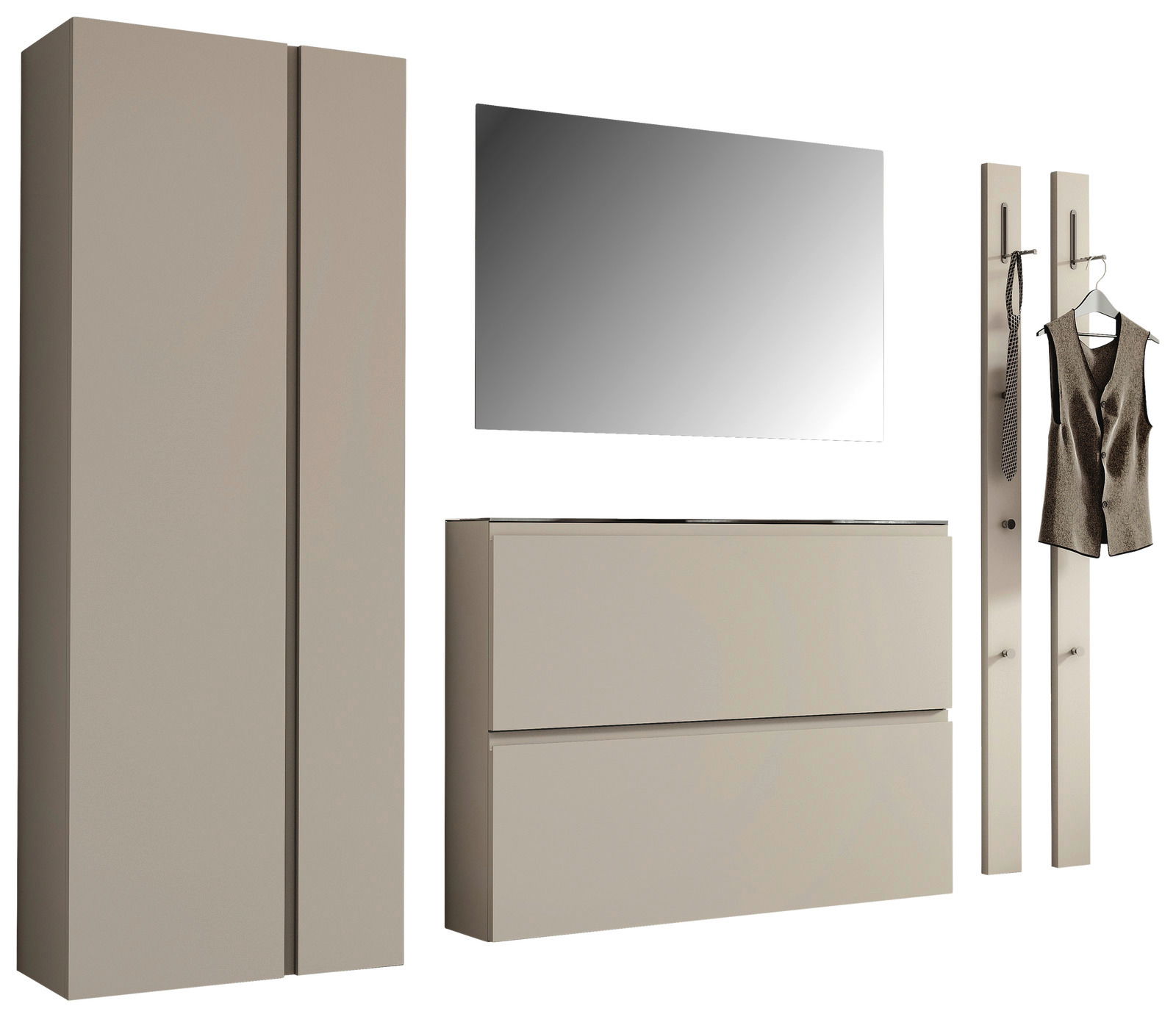 Garderobenset 220cm in moderner, minimalistischer Optik mit Schrank, Spiegel, Schuhschrank und zwei Wandpaneelen, seitliche Perspektive