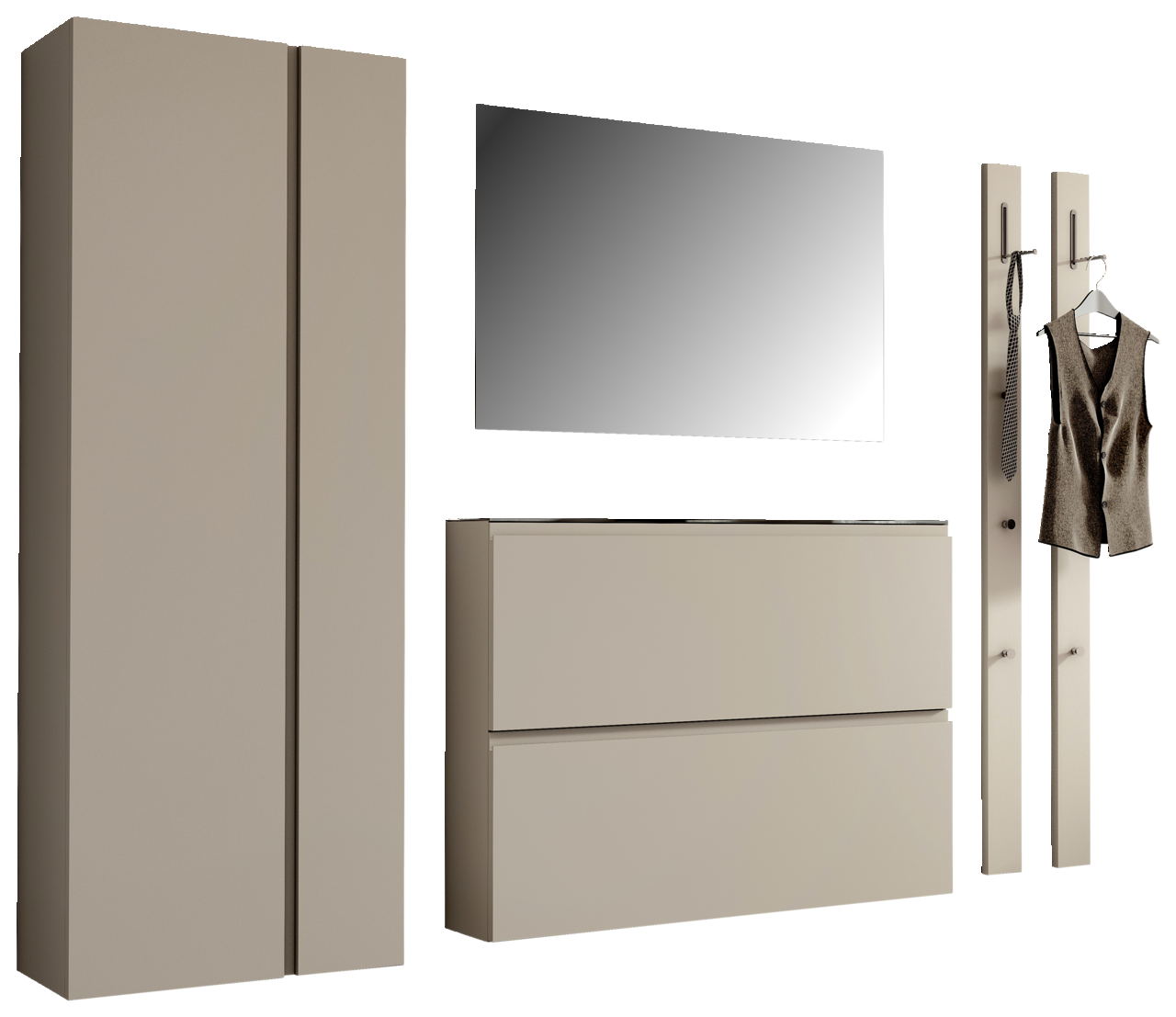 Moderano Garderoben-Set LECCO Garderobenset 220cm in moderner, minimalistischer Optik mit Schrank, Spiegel, Schuhschrank und zwei Wandpaneelen, seitliche Perspektive