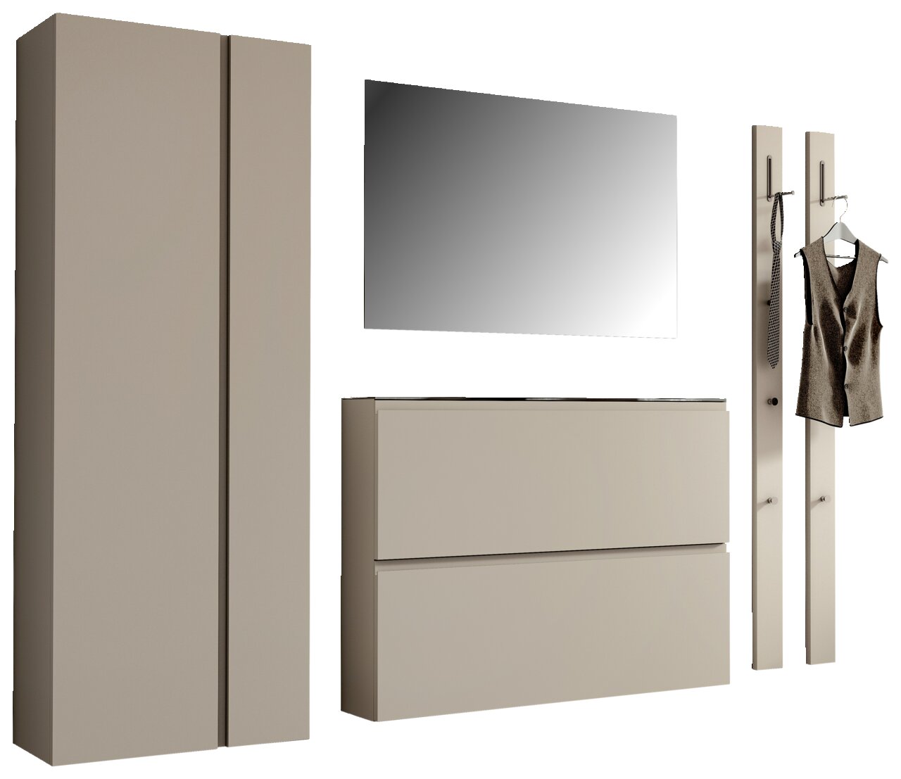 Garderobenset 220cm in moderner, minimalistischer Optik mit Schrank, Spiegel, Schuhschrank und zwei Wandpaneelen, seitliche Perspektive