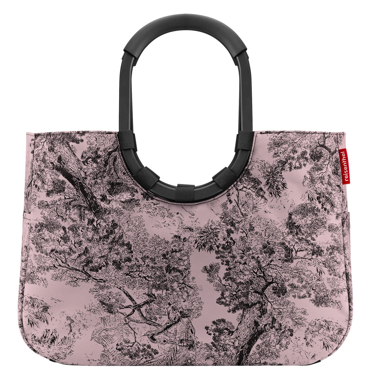 Rosa Einkaufstasche mit schwarzem Baum-Muster und stabilen, schwarzen Griffen, Vorderansicht