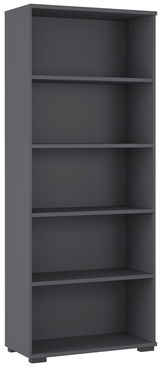 Graues Aktenregal mit fünf offenen Fächern, frontal betrachtet.