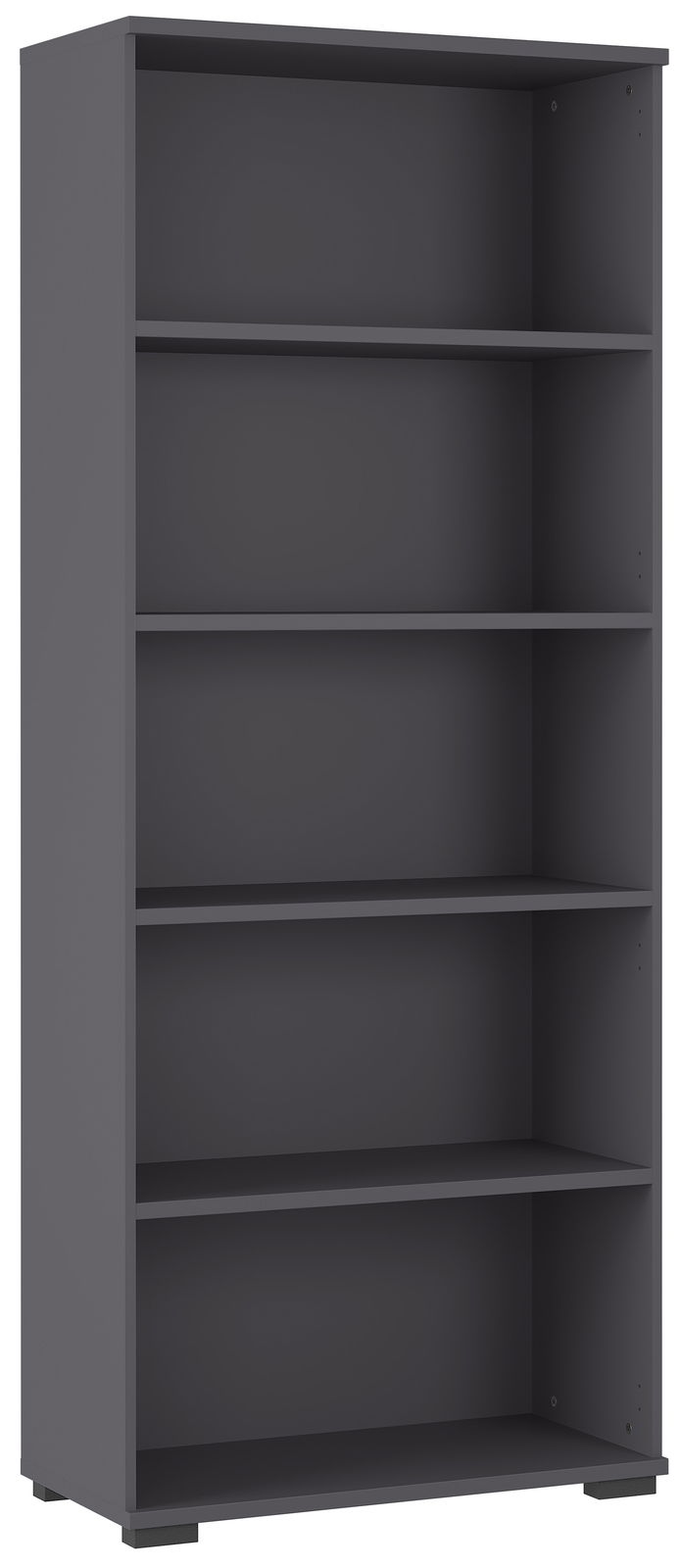 Graues Aktenregal mit fünf offenen Fächern, frontal betrachtet.