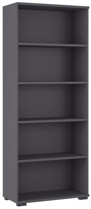 Graues Aktenregal mit fünf offenen Fächern, frontal betrachtet.