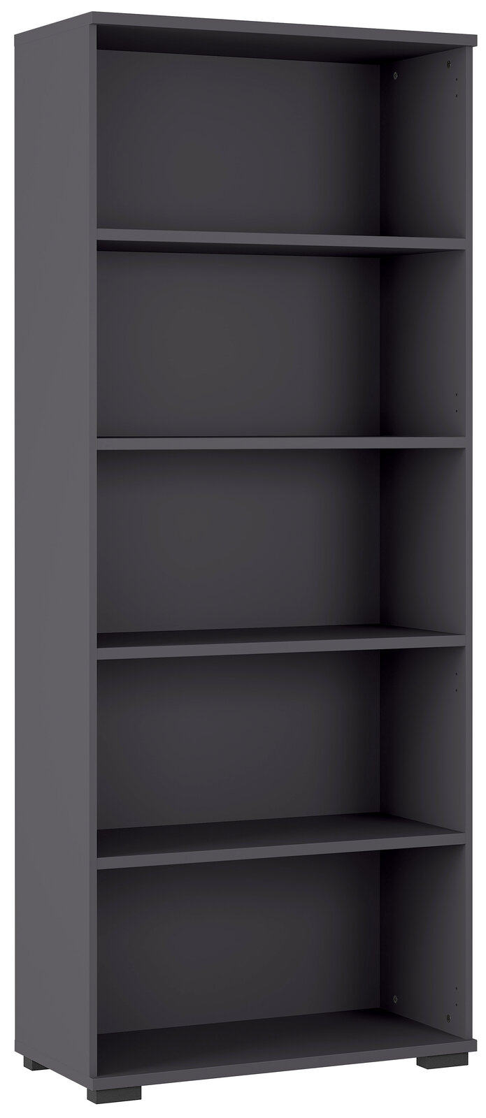 Graues Aktenregal mit fünf offenen Fächern, frontal betrachtet.