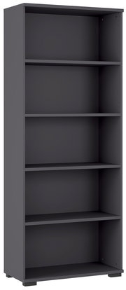 Graues Aktenregal mit fünf offenen Fächern, frontal betrachtet.