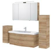 Moderner Badblock in Holzoptik mit Waschbecken, Spiegelschrank und Stauraum, Frontalansicht